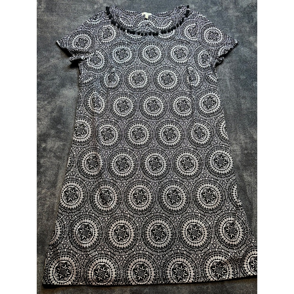 Talbots Woman Black White Mandala Print Pom Trim Shift Dress 1X Short Sleeve-288